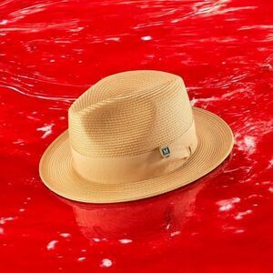 MONTIQUE MENS TAN WIDE BRIM PINCH FEDORA HAT W/ MATCHING GROSGRAIN RIBBON H42
